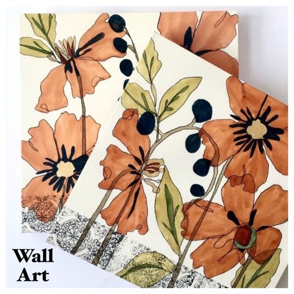2pc Set Graphic Floral Print Canvas Wrapped Frames - Picture 1 of 8